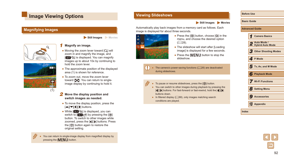 Image viewing options, Magnifying images viewing slideshows, 92), and “viewing slideshows” (= 92). y | Magnifying images” (= 92), Viewing slideshows, Magnifying images | Canon PowerShot SX540 HS User Manual | Page 92 / 186