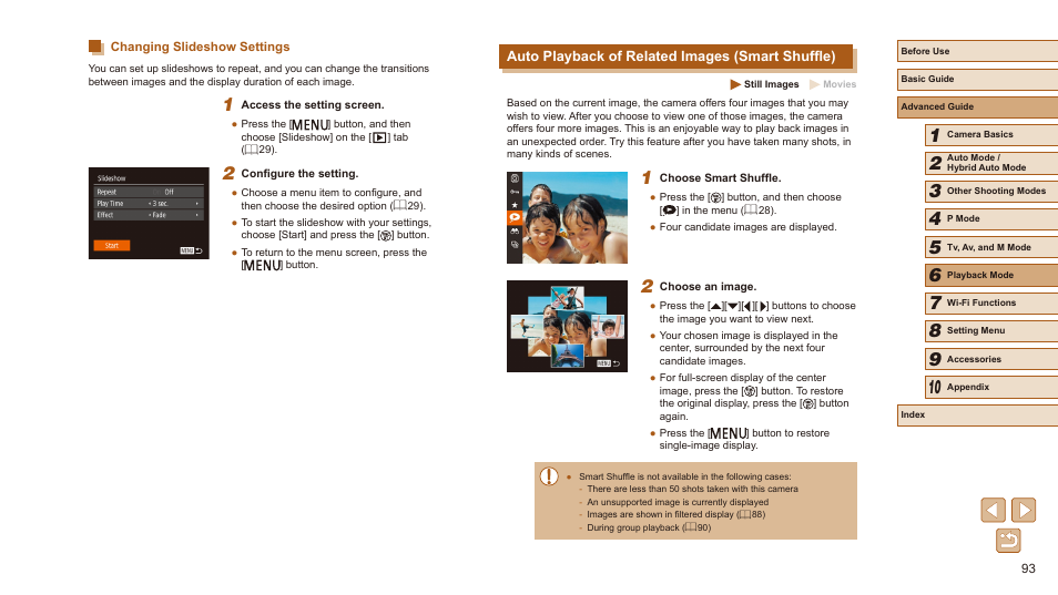 Changing slideshow settings, Auto playback of related images (smart shuffle), 93), images are | Canon PowerShot SX540 HS User Manual | Page 93 / 186