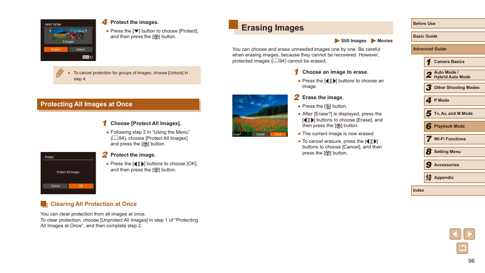 Protecting all images at once, Clearing all protection at once, Erasing images | 96) these images all at once | Canon PowerShot SX540 HS User Manual | Page 96 / 186