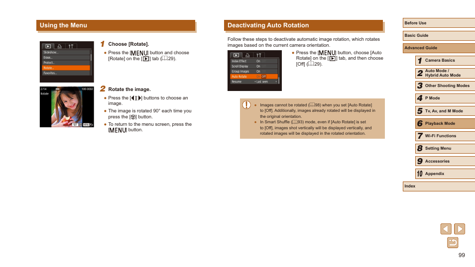 Using the menu deactivating auto rotation | Canon PowerShot SX540 HS User Manual | Page 99 / 186