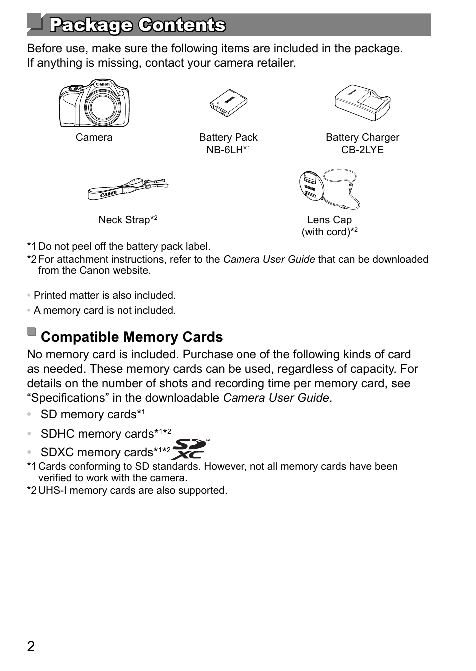 Package contents package contents | Canon PowerShot SX540 HS User Manual | Page 2 / 11