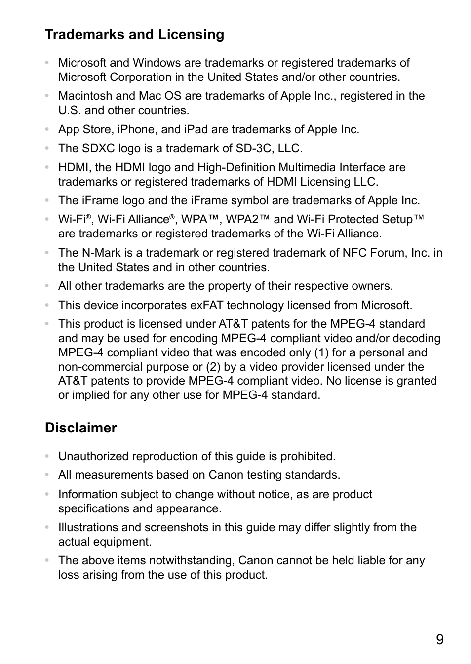 9trademarks and licensing, Disclaimer | Canon PowerShot SX540 HS User Manual | Page 9 / 11