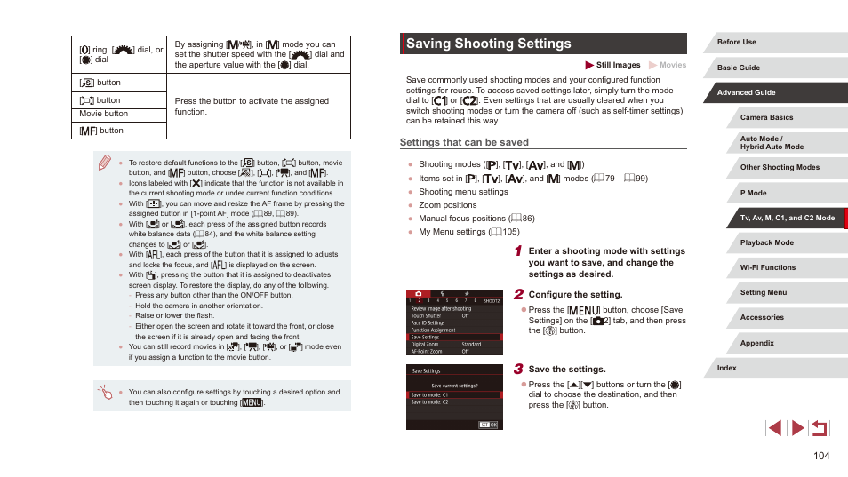 Saving shooting settings, Settings that can be saved | Canon PowerShot G3 X User Manual | Page 104 / 219