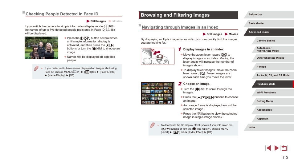 Checking people detected in face id, Browsing and filtering images, Navigating through images in an index | 110). in this case, images are, Display their name (= 110), overwrite their info | Canon PowerShot G3 X User Manual | Page 110 / 219