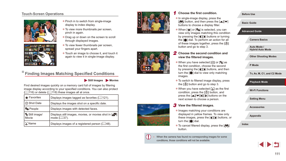 Touch-screen operations, Finding images matching specified conditions, Search images for them (= 111) | Canon PowerShot G3 X User Manual | Page 111 / 219