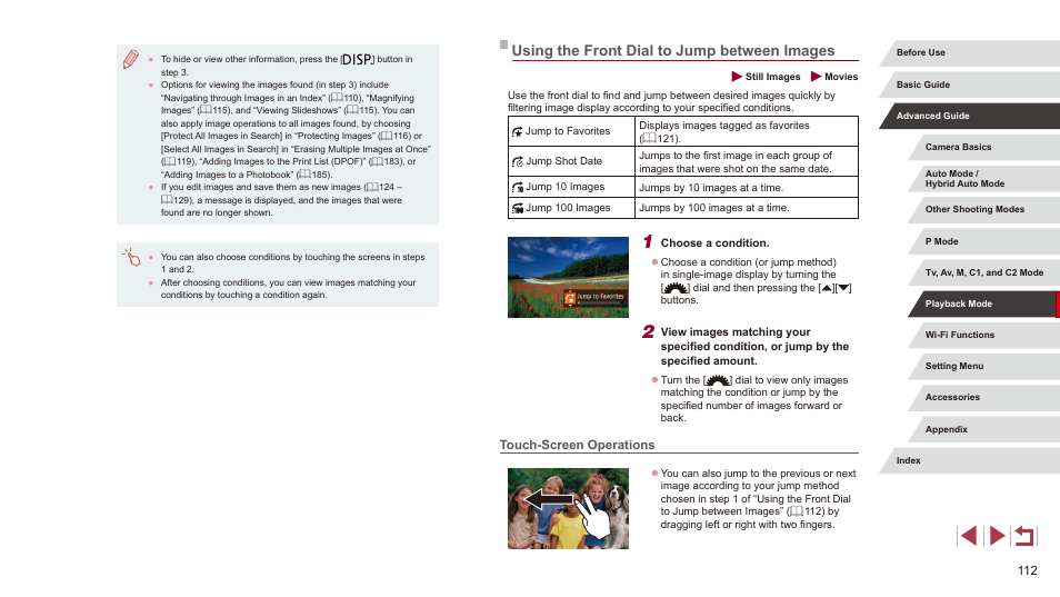 Using the front dial to jump between images, Touch-screen operations | Canon PowerShot G3 X User Manual | Page 112 / 219