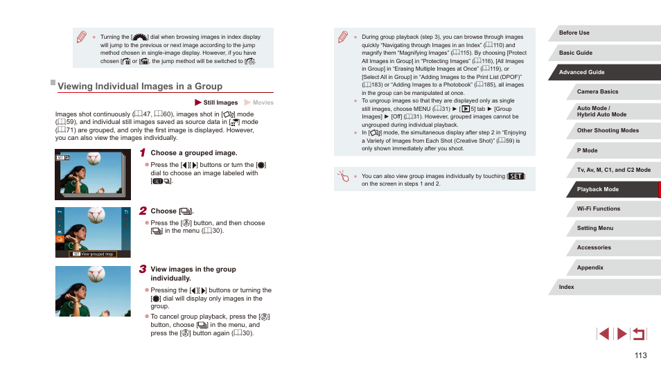 Viewing individual images in a group, 113) and ungrouped (= 113), 113) first | Canon PowerShot G3 X User Manual | Page 113 / 219