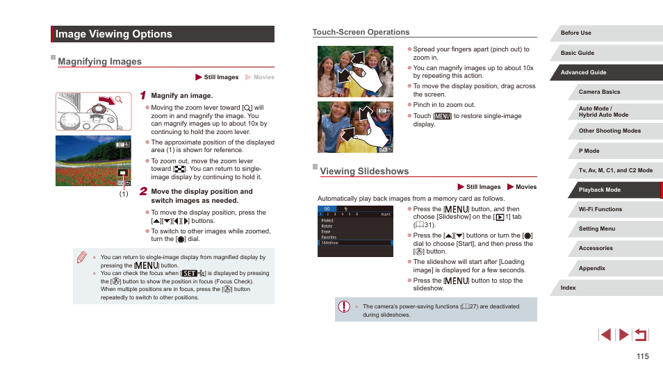 Image viewing options, Magnifying images, Touch-screen operations | Viewing slideshows, Images” (= 115), and “viewing slideshows” (= 115) | Canon PowerShot G3 X User Manual | Page 115 / 219
