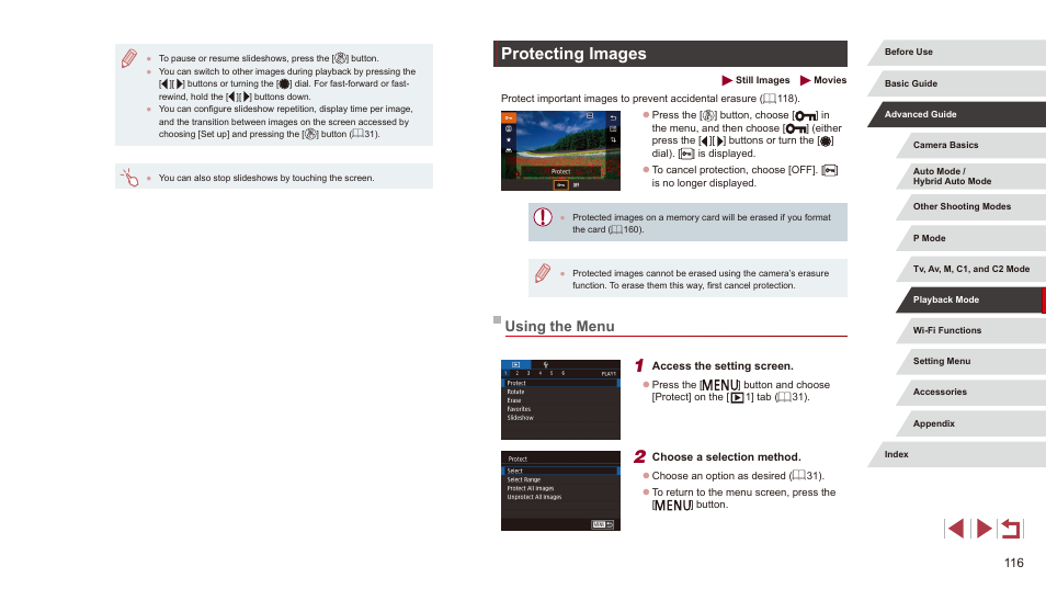 Protecting images, Using the menu, 116) a grouped image will protect all images in | 116) or delete | Canon PowerShot G3 X User Manual | Page 116 / 219