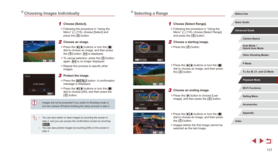 Choosing images individually selecting a range, Selecting a range, Choosing images individually | Canon PowerShot G3 X User Manual | Page 117 / 219