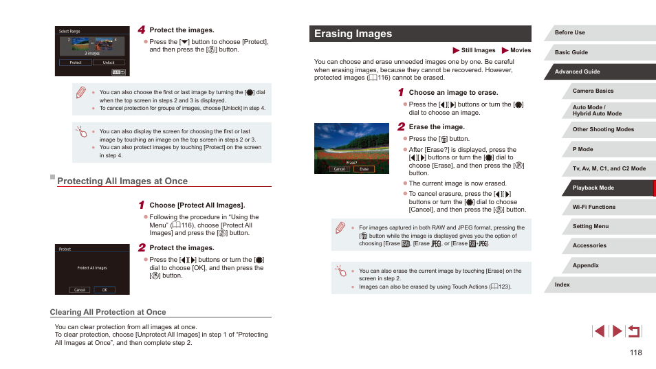 Protecting all images at once, Clearing all protection at once, Erasing images | 118), all images, 118) these images all at once | Canon PowerShot G3 X User Manual | Page 118 / 219