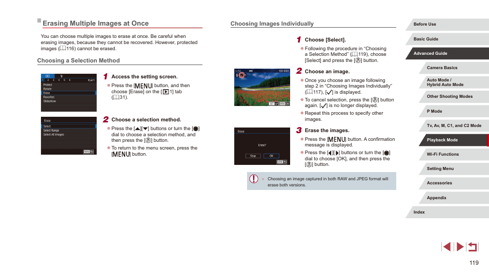 Erasing multiple images at once | Canon PowerShot G3 X User Manual | Page 119 / 219