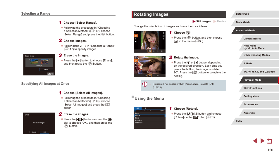 Selecting a range, Specifying all images at once, Rotating images | Using the menu | Canon PowerShot G3 X User Manual | Page 120 / 219