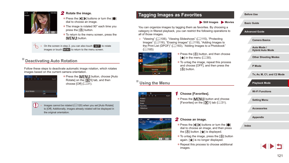 Deactivating auto rotation, Tagging images as favorites, Using the menu | Tagging as favorites (= 121), editing | Canon PowerShot G3 X User Manual | Page 121 / 219