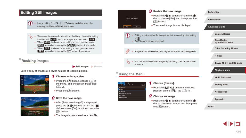 Editing still images, Resizing images using the menu, 124), printing | Using the menu, Resizing images | Canon PowerShot G3 X User Manual | Page 124 / 219