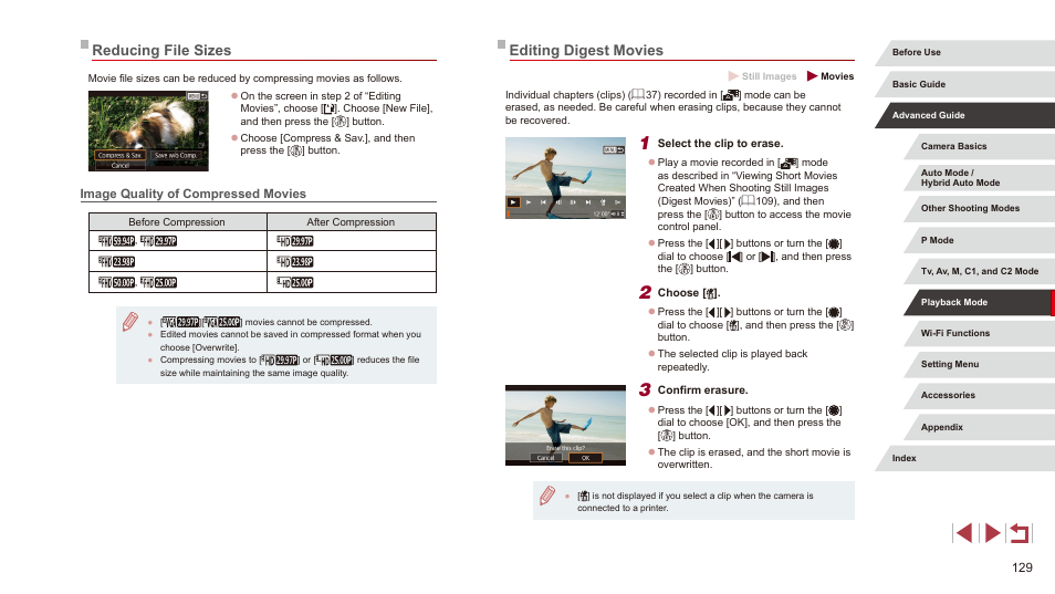 Reducing file sizes, Image quality of compressed movies, Editing digest movies | Individual chapters can be edited (= 129) | Canon PowerShot G3 X User Manual | Page 129 / 219