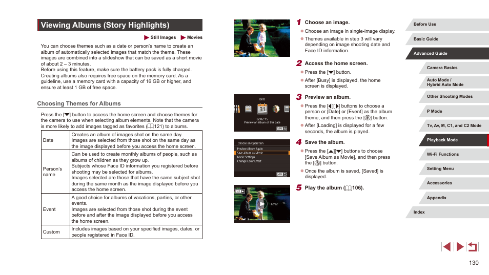 Viewing albums (story highlights), Choosing themes for albums, Story highlights albums (= 130) | Canon PowerShot G3 X User Manual | Page 130 / 219