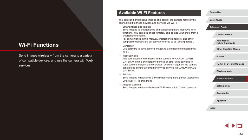 Wi-fi functions, Available wi-fi features | Canon PowerShot G3 X User Manual | Page 133 / 219