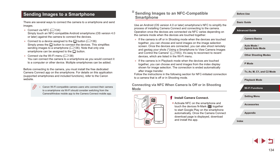 Sending images to a smartphone, Sending images to an nfc-compatible smartphone | Canon PowerShot G3 X User Manual | Page 134 / 219