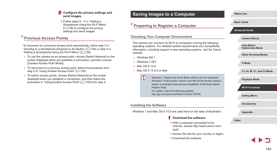 Previous access points, Saving images to a computer, Preparing to register a computer | Canon PowerShot G3 X User Manual | Page 140 / 219