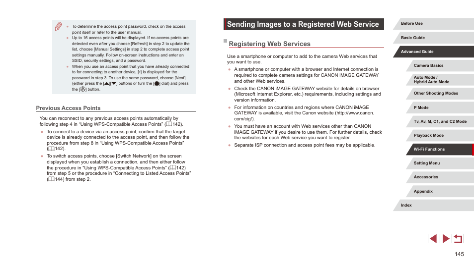 Previous access points, Sending images to a registered web service, Registering web services | Canon PowerShot G3 X User Manual | Page 145 / 219