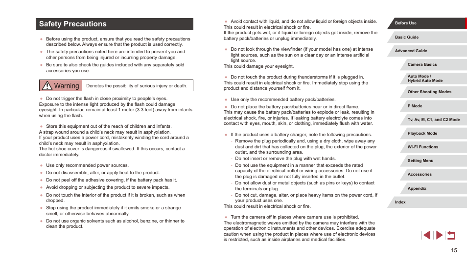 Safety precautions, Warning | Canon PowerShot G3 X User Manual | Page 15 / 219