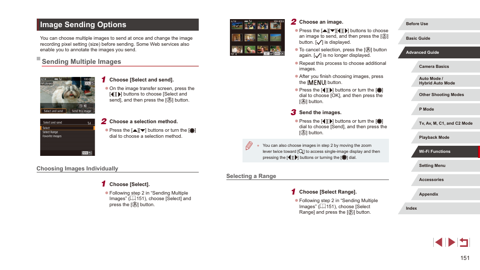 Image sending options, Sending multiple images, Choosing images individually selecting a range | Size before sending (= 151) | Canon PowerShot G3 X User Manual | Page 151 / 219