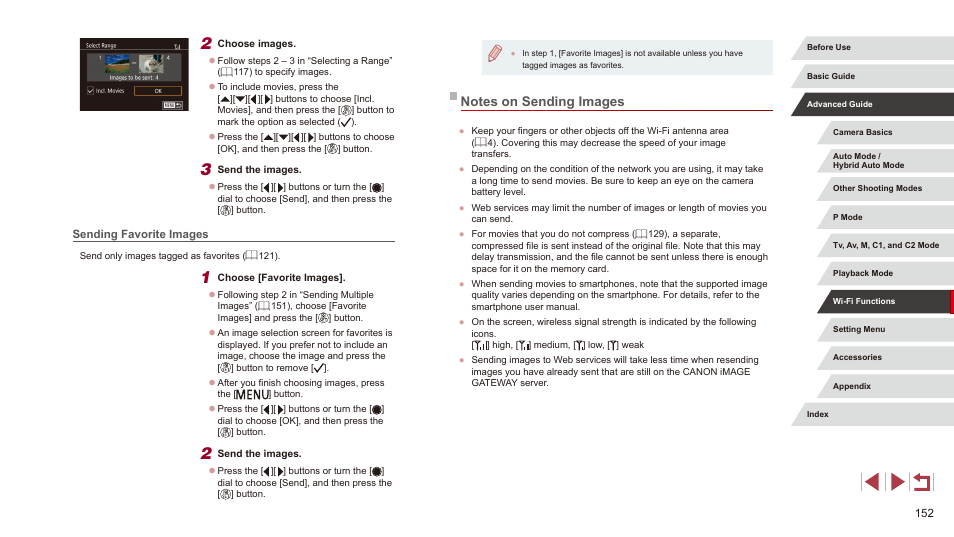 Sending favorite images, Notes on sending images | Canon PowerShot G3 X User Manual | Page 152 / 219