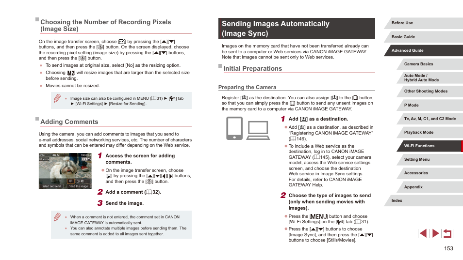 Adding comments, Sending images automatically (image sync), Initial preparations | Preparing the camera, 153) and canon image, Size before sending (= 153) | Canon PowerShot G3 X User Manual | Page 153 / 219