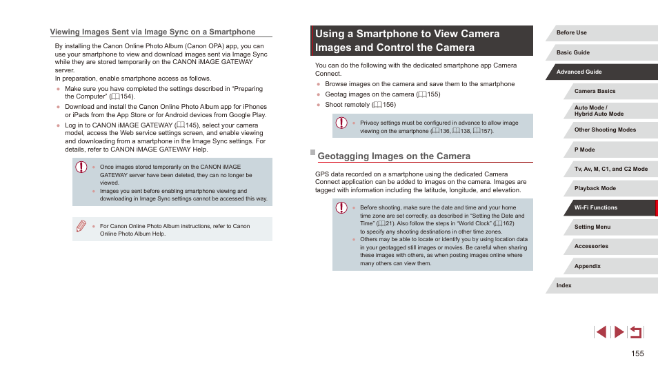 Viewing images sent via image sync on a smartphone, Geotagging images on the camera, And control the camera” (= 155)). it | Canon PowerShot G3 X User Manual | Page 155 / 219