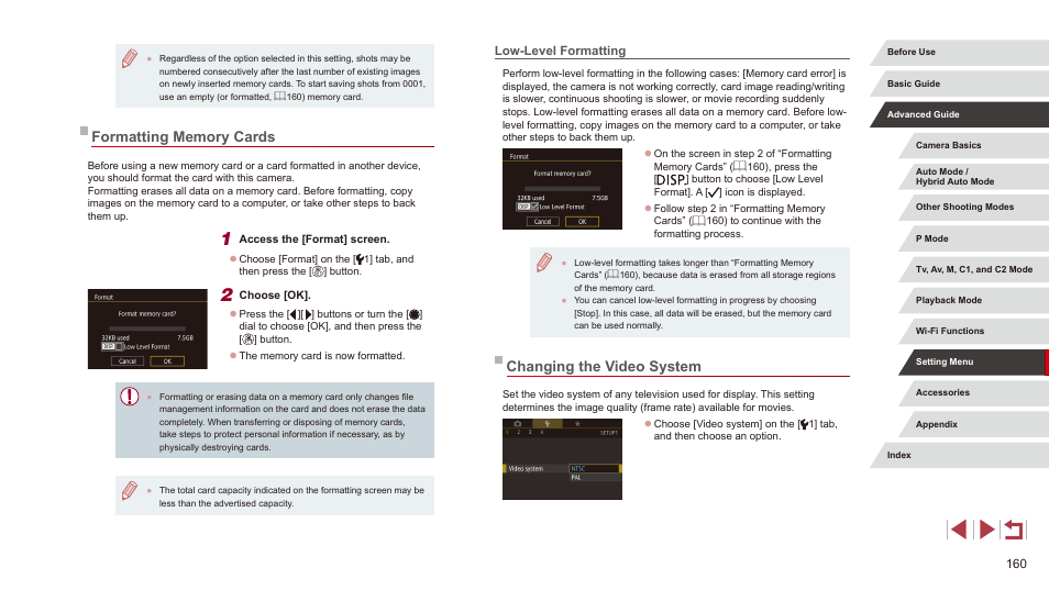 Formatting memory cards, Low-level formatting, Changing the video system | And cannot be changed (= 160), 160). for guidelines | Canon PowerShot G3 X User Manual | Page 160 / 219