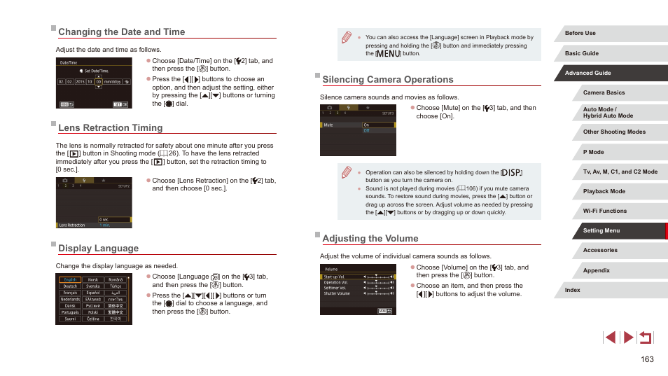 Changing the date and time, Silencing camera operations, Adjusting the volume | Lens retraction timing, Display language | Canon PowerShot G3 X User Manual | Page 163 / 219