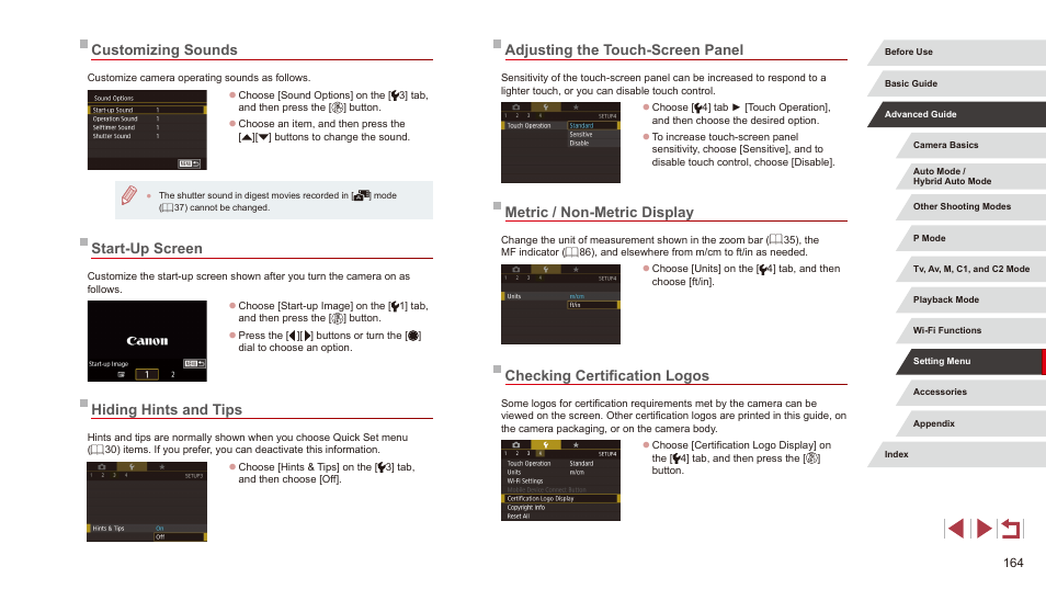 Adjusting the touch-screen panel, Metric / non-metric display, Checking certification logos | Customizing sounds, Start-up screen, Hiding hints and tips | Canon PowerShot G3 X User Manual | Page 164 / 219
