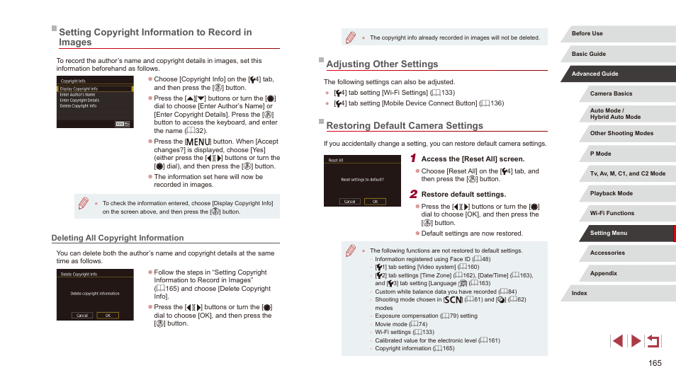 Setting copyright information to record in images, Deleting all copyright information, 4] tab (= 165) | Adjusting other settings, Restoring default camera settings | Canon PowerShot G3 X User Manual | Page 165 / 219