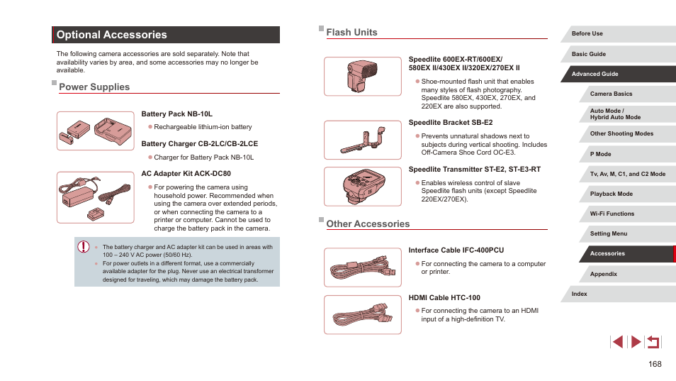 Optional accessories, Power supplies flash units other accessories, 168), shooting will | Flash units, Other accessories, Power supplies | Canon PowerShot G3 X User Manual | Page 168 / 219