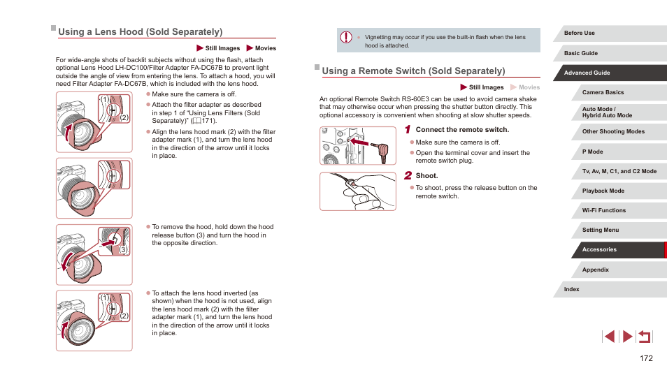 Using a remote switch (sold separately), Using a lens hood (sold separately) | Canon PowerShot G3 X User Manual | Page 172 / 219