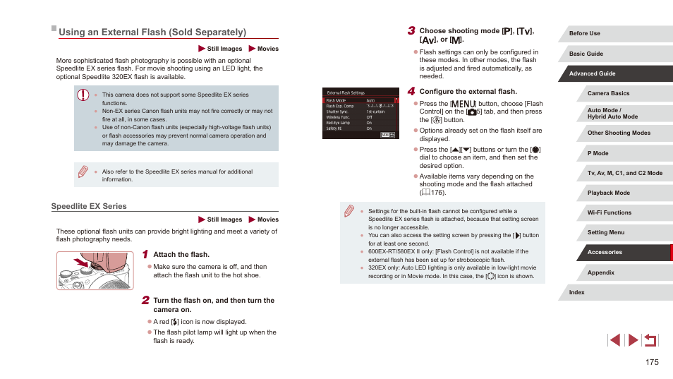 Using an external flash (sold separately), Speedlite ex series | Canon PowerShot G3 X User Manual | Page 175 / 219