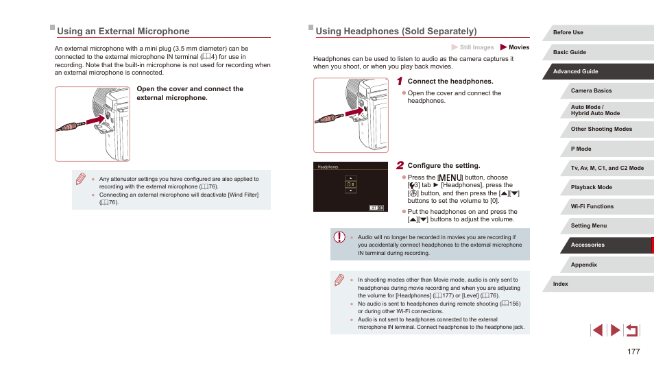 Using headphones (sold separately), Using an external microphone | Canon PowerShot G3 X User Manual | Page 177 / 219