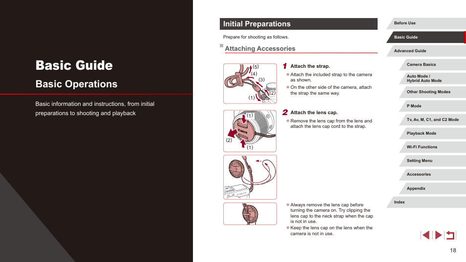 Basic guide, Basic operations, Initial preparations | Attaching accessories | Canon PowerShot G3 X User Manual | Page 18 / 219