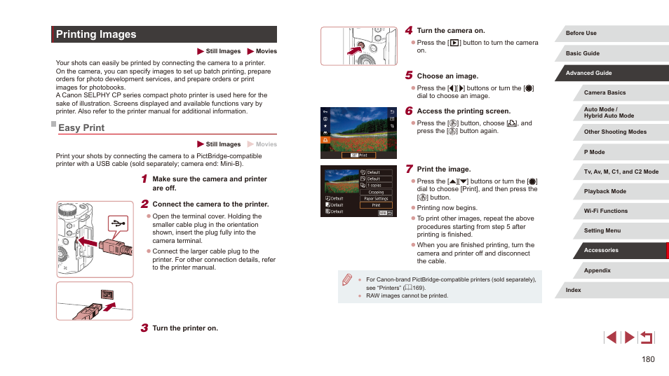 Printing images, Easy print, 180), setting up individual image printing | Printing images” (= 180) | Canon PowerShot G3 X User Manual | Page 180 / 219