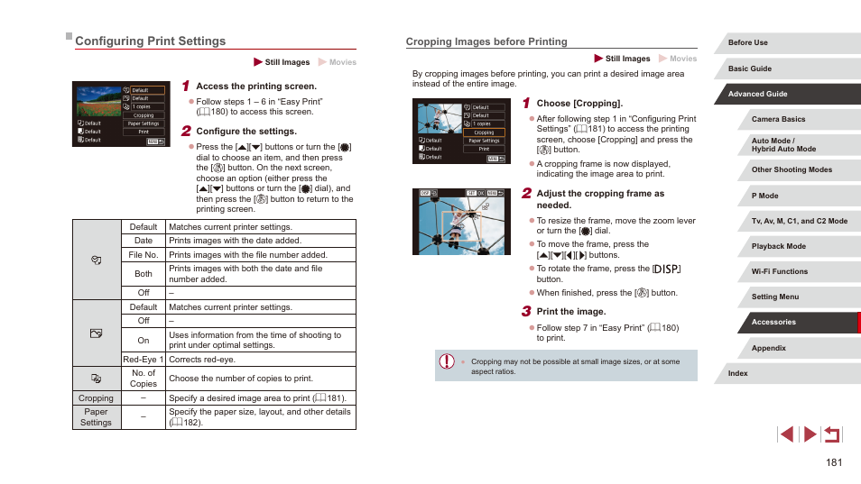 Configuring print settings, Cropping images before printing | Canon PowerShot G3 X User Manual | Page 181 / 219