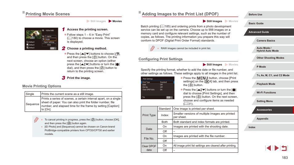 Printing movie scenes, Movie printing options, Adding images to the print list (dpof) | Configuring print settings, 183), or | Canon PowerShot G3 X User Manual | Page 183 / 219