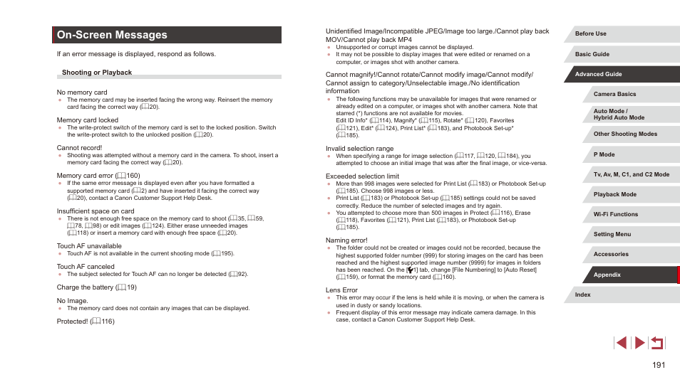 On-screen messages | Canon PowerShot G3 X User Manual | Page 191 / 219