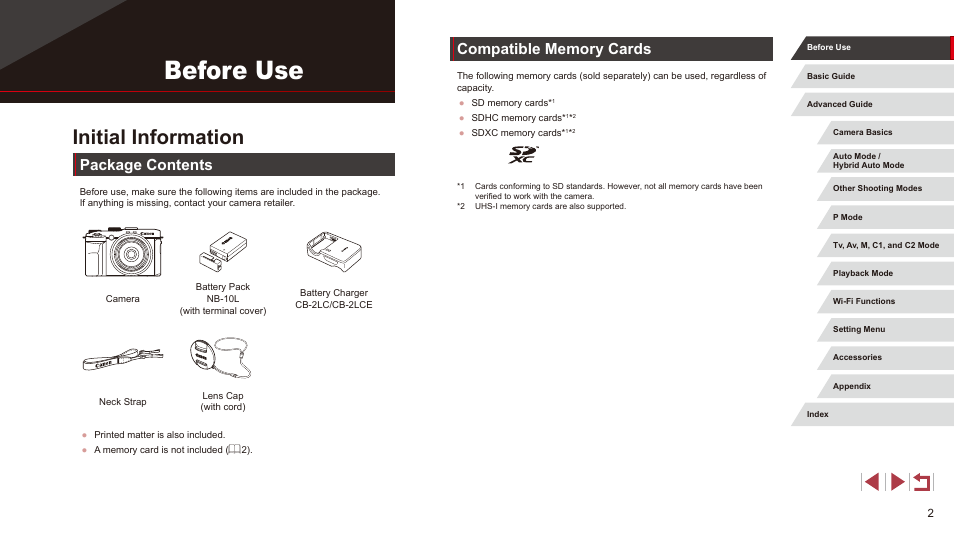 Before use, Initial information, Package contents | Canon PowerShot G3 X User Manual | Page 2 / 219