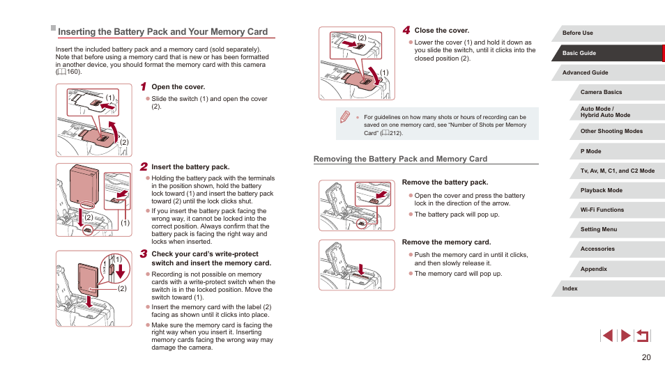 Inserting the battery pack and your memory card, Removing the battery pack and memory card | Canon PowerShot G3 X User Manual | Page 20 / 219