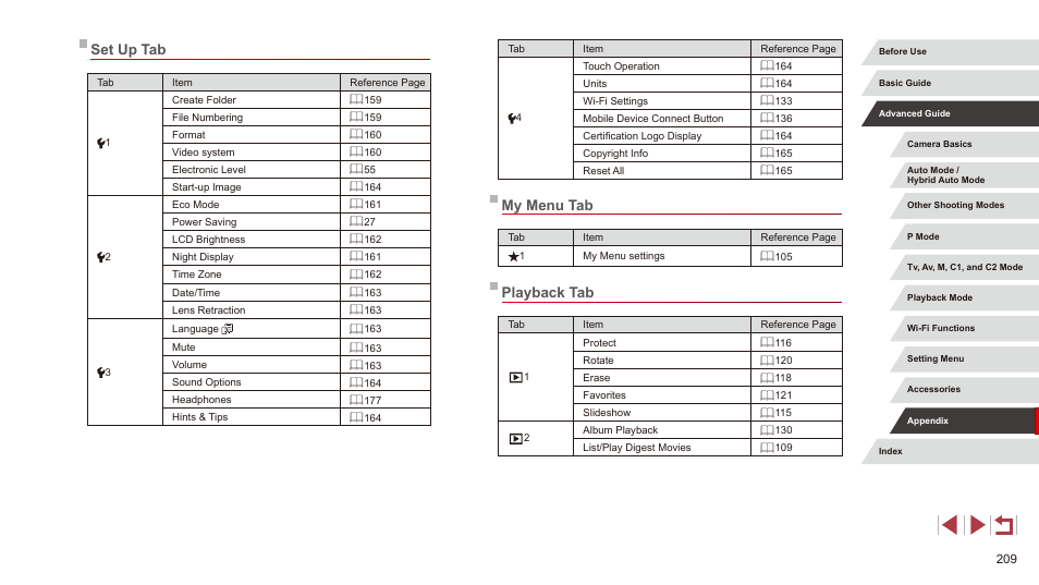 Set up tab my menu tab playback tab, My menu tab, Playback tab | Set up tab | Canon PowerShot G3 X User Manual | Page 209 / 219