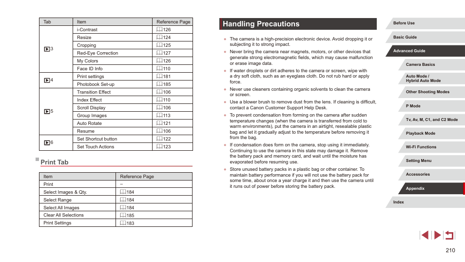 Print tab, Handling precautions | Canon PowerShot G3 X User Manual | Page 210 / 219