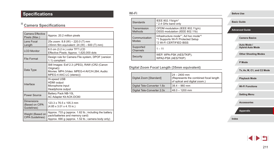 Specifications, Camera specifications, Wi-fi digital zoom focal length (35mm equivalent) | Standards in “wi-fi” (= 211) | Canon PowerShot G3 X User Manual | Page 211 / 219