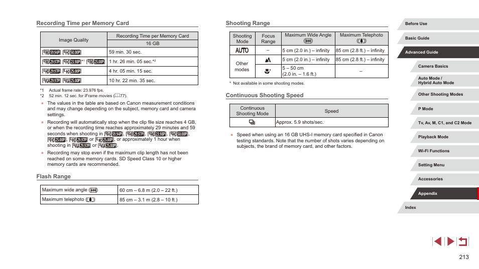 Recording time per memory card, Speed” (= 213), Range” (= 213) | On the flash range, see “flash range” (= 213), Remaining time (= 213) | Canon PowerShot G3 X User Manual | Page 213 / 219