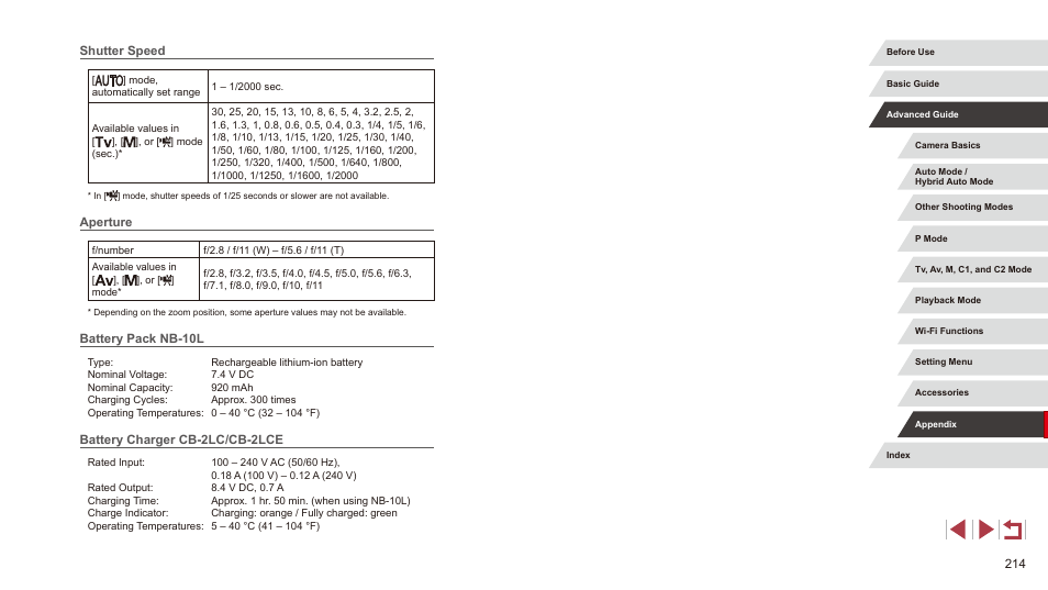 Speed” (= 214) and “aperture” (= 214), 214), “aperture” (= 214), and “changing the | Canon PowerShot G3 X User Manual | Page 214 / 219